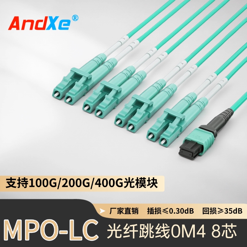 1m MPO(母头)转4 LC UPC 双工 8芯 Type B LSZH 洋红色 OM4 50/125 多模高级分支跳线 3mm